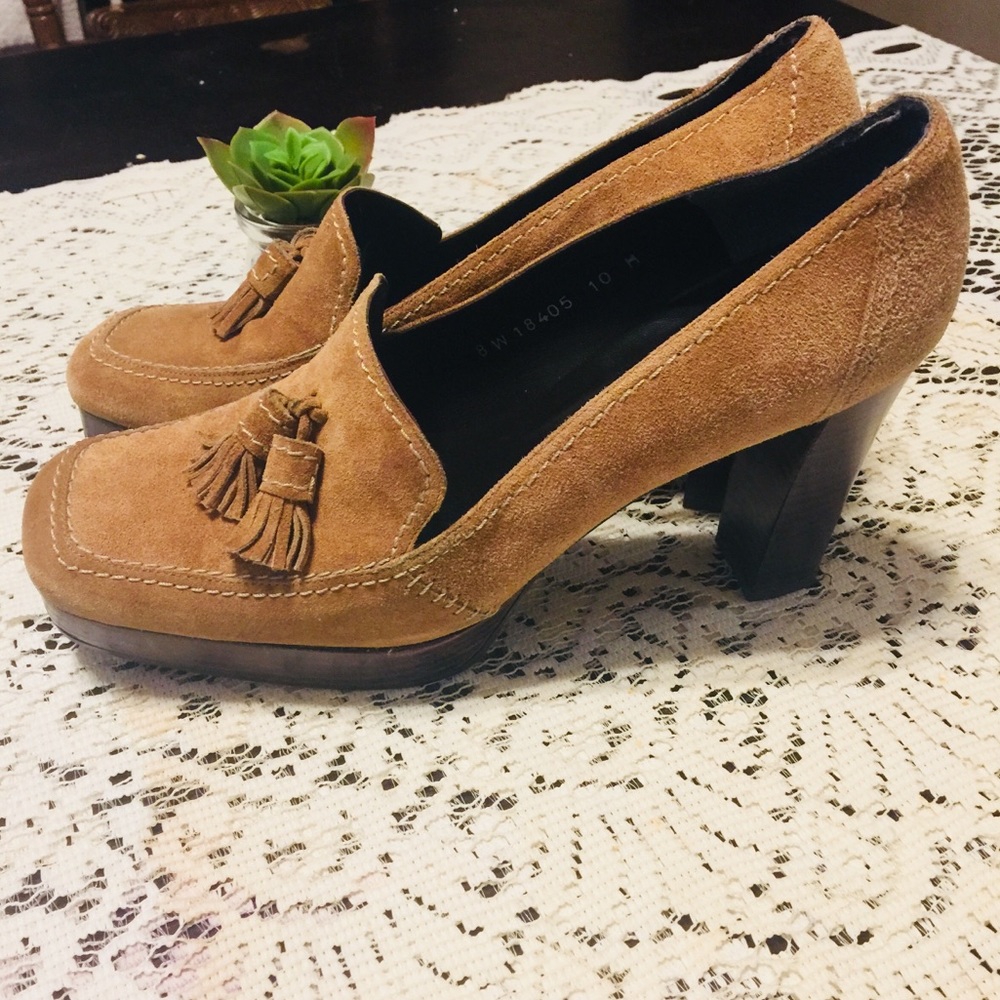 Stuart Weitzman Tan Suede Loafer Platform Heels. 9